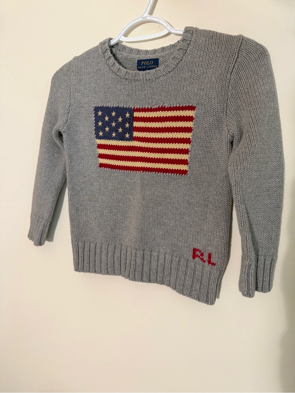 Polo by Ralph Lauren Gray Knit Crewneck Sweater with Flag Motif